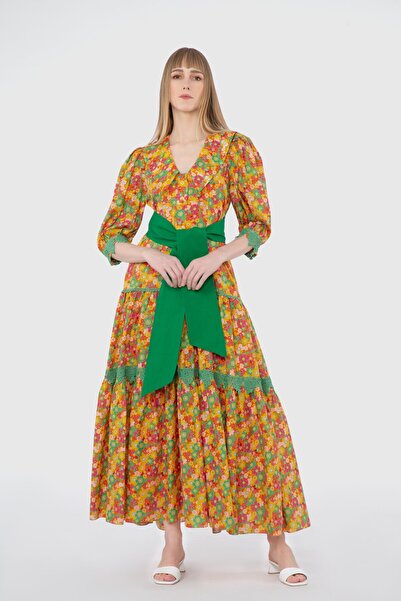 GİZİA Işleme Ve Dantel Şerit Detaylı Kuşaklı Uzun Turuncu Elbise