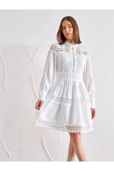 1Moda1Tarz Women's White Stand Collar Lace Guipure Detail Self Lace Belted Lined Design Dress