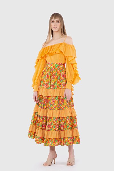 GİZİA Yüksek Bel Çıtır Desenli Kontrast Kumaşlı Uzun Turuncu Etek