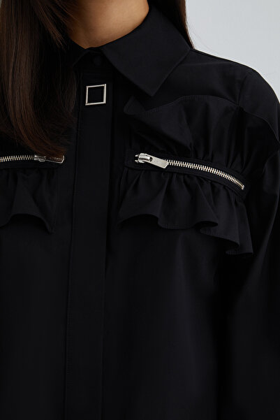 GİZİA Süs Fermuar Detaylı Yakası Çtçıtlı Uzun Kol Poplin Gömlek