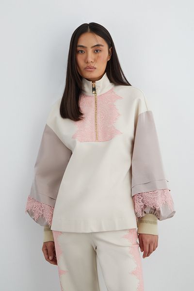 GİZİA Lace Detailed Stand Collar Beige Blouse