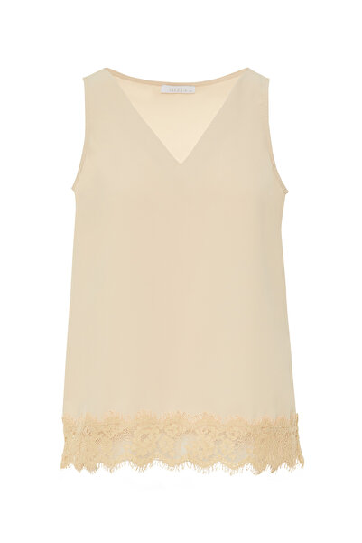 GİZİA V Yaka Dantelli Bej Bluz