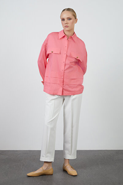 GİZİA Cep Kapağı Detaylı Uzun Kollu Kırmızı Gömlek