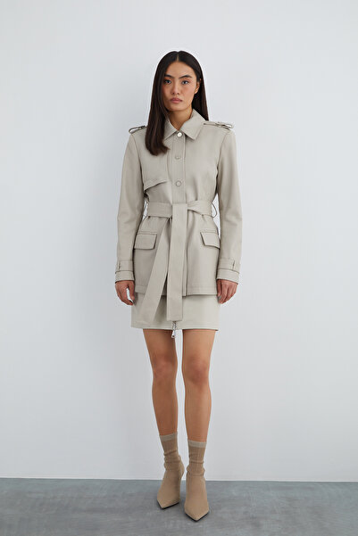 GİZİA Omuz Apolet Detaylı Kuşaklı Yırtmaçlı Bej Deri Ceket