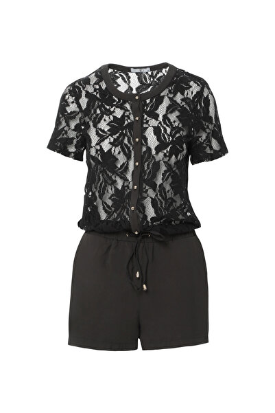 kı.we Üst Beden Dantelli Beli Lastikli Mini Siyah Tulum