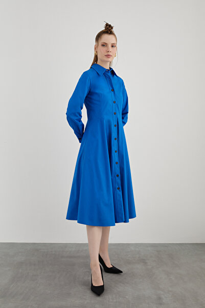 kı.we Dik Yaka Midi Boy Kloş Etekli Uzun Kollu Lacivert Gömlek Elbise