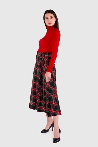 GİZİA Midi Size Plaid Red Skirt with High Waist Corsage