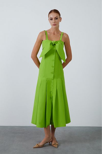 kı.we Green Midi Dress with Straps Tie-Detailed Pleated Skirt