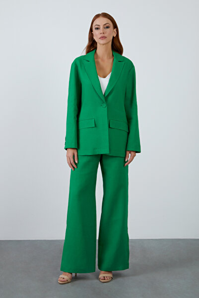 GİZİA Tek Düğme Kapamalı Uzun Kol Çimen Yeşili Keten Ceket