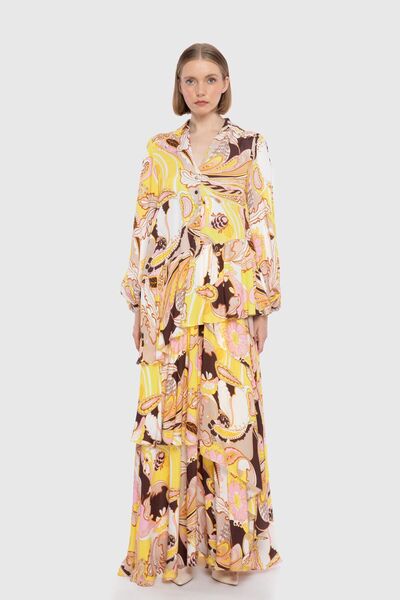 GİZİA Önden Düğme Detaylı Desenli Uzun Elbise