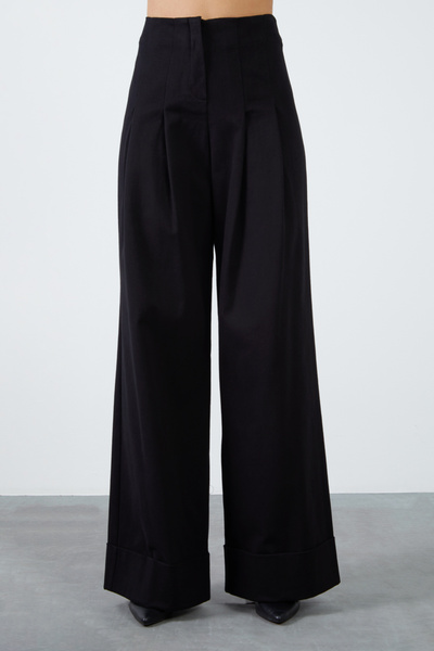 kı.we Bel Detaylı Pileli Duble Paçalı Geniş Siyah Pantolon