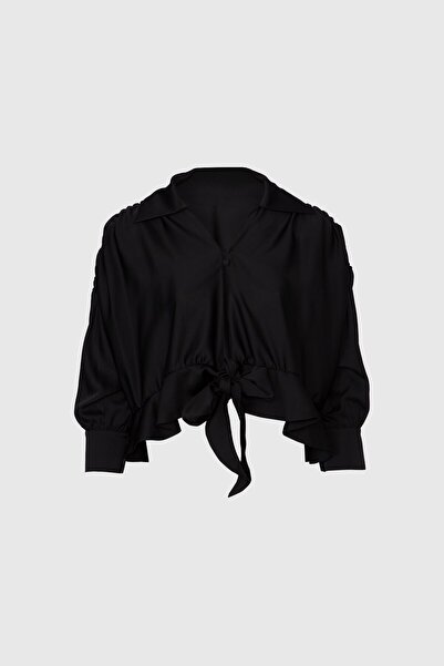 GİZİA Düğme Ve Bağlama Detaylı Siyah Bluz