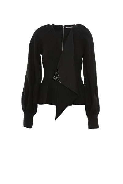 GİZİA İşleme Detaylı Arkası Fermuarlı Siyah Bluz