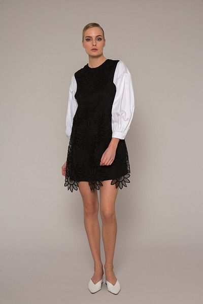 GİZİA Black-white Poplin Mini Dress with Lace Garnish
