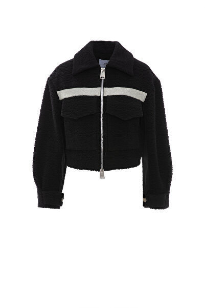 GIZIA SPORT Sim Şerit Detaylı Kutu Form Siyah Peluş Ceket