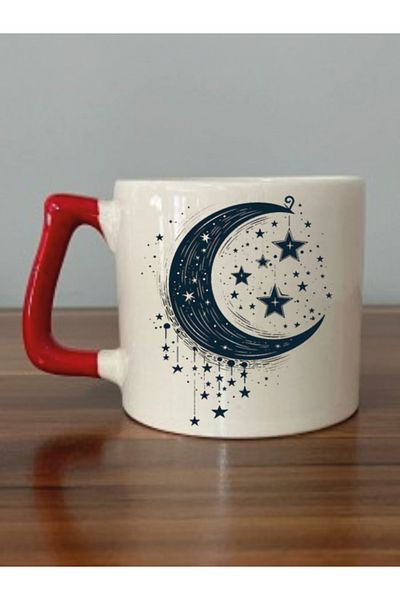 lili hediyelik Moon Hanging Stars Themed Red Handled Mug Cup - Ceramic Tea, Coffee Gift Cup