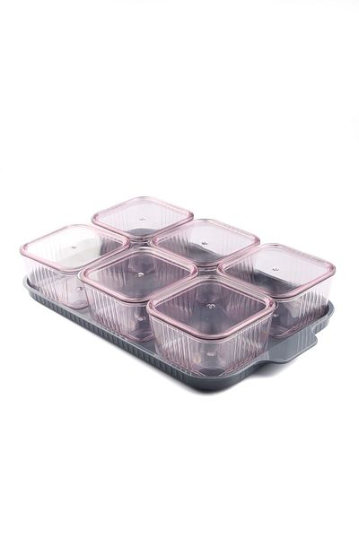 Karçiçeği Home Striped Breakfast Set of 6 Square Trays and Divided Lids Acrylic Anthracite