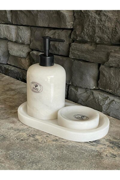 Polen Stone White Marble Liquid Soap Dispenser, Oval TraySolid Soap Dish Set of 3 with Black Accessories