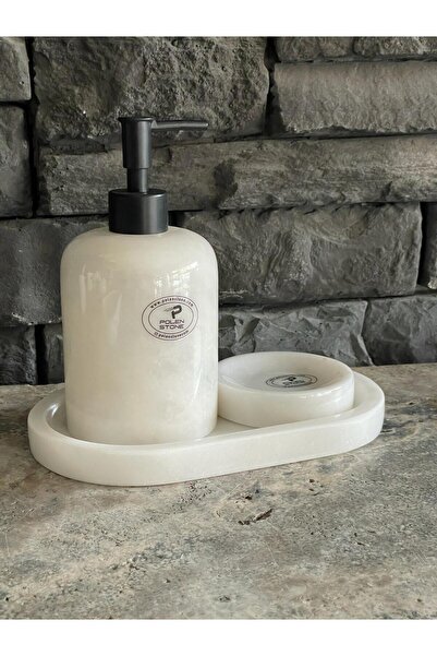 Polen Stone White Marble Liquid Soap Dispenser, Oval TraySolid Soap Dish Set of 3 with Black Accessories