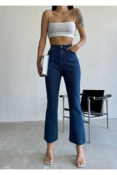 LAMİRAMOOD Pantaloni de damă Bt Dark Blue Crop Straight Fit Jean