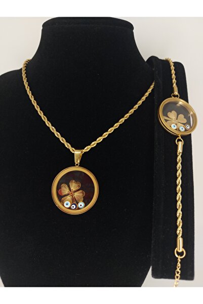 Romea Açılan, Çeyrek Koyulabilen Yonca Detaylı Çelik Kararmaz Kolye & Bileklik Takı Seti Altın Rengi