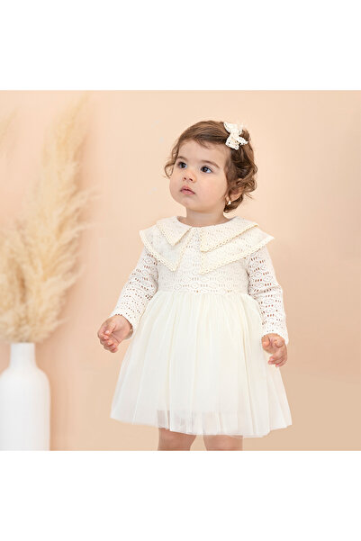 DIDuStore Knitted Detailed Girl's Dress with Collar and Tulle Skirt