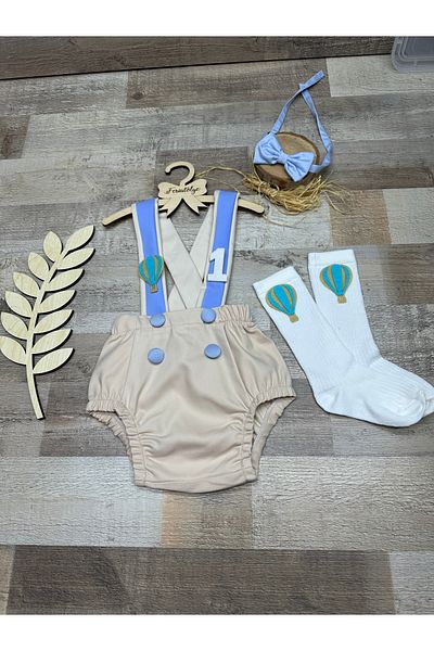 Feriatolye Balloon concept cream blue romper 1 year old birthday bow tie salopet socks set