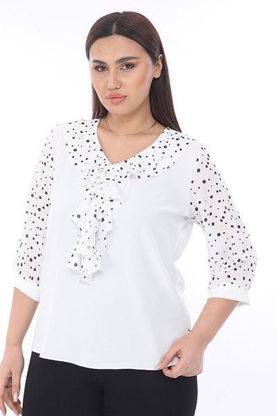 Selent Women's White Polka Dot V-Neck Flounce Three-Quarter Sleeve Plus Size Blouse