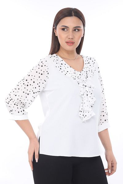 Selent Women's White Polka Dot V-Neck Flounce Three-Quarter Sleeve Plus Size Blouse