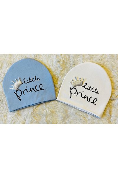anne dokunuşu gibi KUZUM BEBE 2-Piece White-Blue Prince Printed Baby Boy Combed Cotton Hat Beret