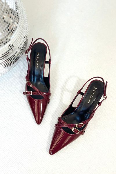 POLKA STORE Blossom Pointed Toe Two-Strap Buckle Claret Red Patent Leather Cherry Red Heeled Women's Shoes