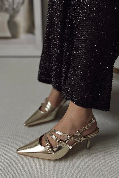 POLKA STORE Pantofi de damă Obsession, cu trei vârfuri ascuțite, cu cataramă cu trei dungi, aurii, cu toc