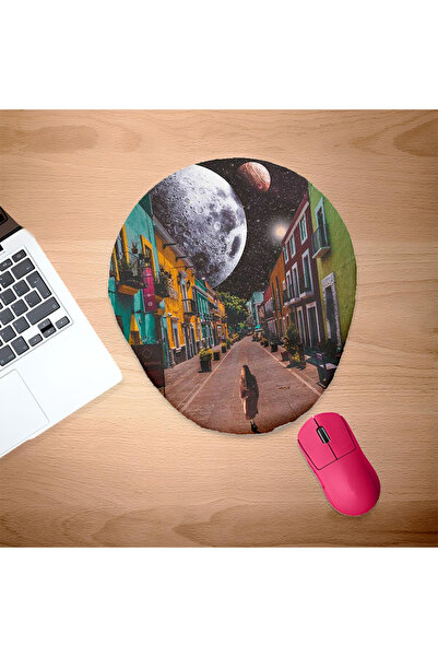 UcuruStore Moon and Colorful Houses Οβάλ Μαξιλαράκι Ποντικιού με Στήριγμα Καρπού