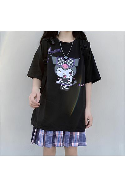 Gofeel Harajuku Winking Kuromi Printed Oversize Unisex T-shirt