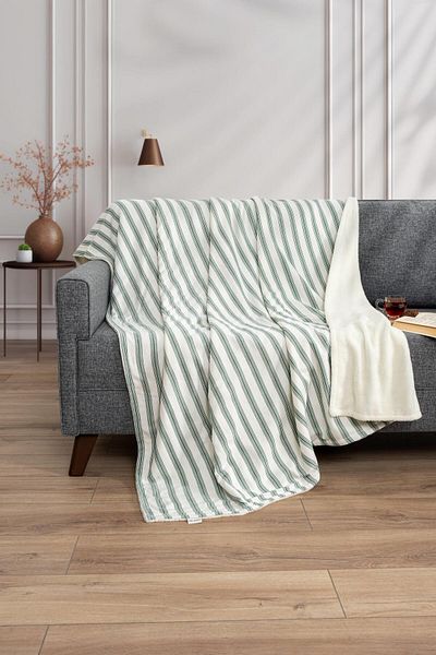 Denizli Concept Green & White Striped Wellsoft Blanket - Double Sided & Soft Blanket - Soren
