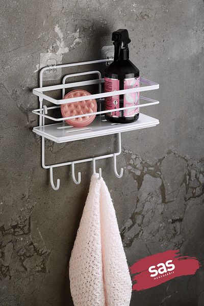 Sas Haus Adhesive Lifetime Stainless Crystal Adjustable Shelf Bathroom Organizer Shampoo Holder White Lş-01