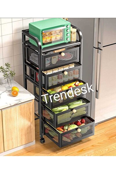 TRENDESK 5 Katlı Metal Siyah Çekmeceli Sebze Meyve Sepeti Mutfak Organizer Dü...