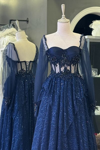 Lenta Moda Navy Blue Sequin Lace Skirt and Embroidered Lace Detail Maxi Length Evening/Engagement Dress