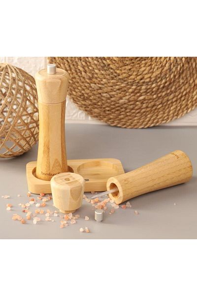 Bambum - Salt Shaker with Plate Pepper Grinder Mill Set 3 Pieces