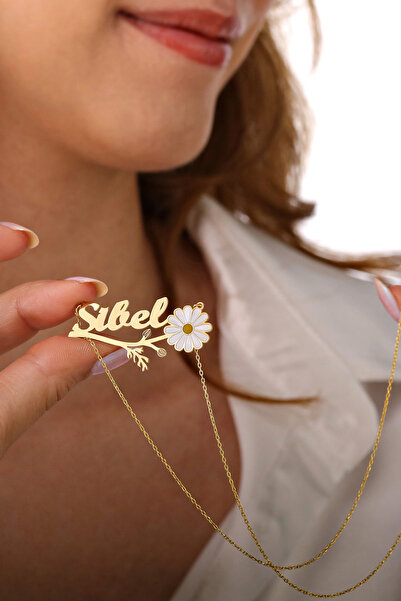 HomSilverjewelry 925 Ayar Gümüş Kişiye Özel Isimli Papatya Tasarımlı Kadın Kolye