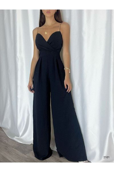 rengastyle Women's Black Imported Crepe Fabric Strap Wide Leg Jumpsuit Dress