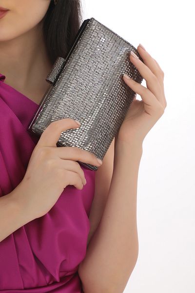womenacs Βραδινό φόρεμα Clutch Clutch Γυναικεία βραδινή τσάντα με λουράκι από γυαλί πέτρα από πλατίνα