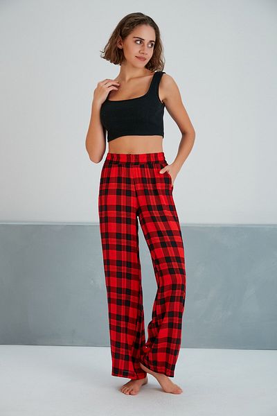 MAMAYAGA Women's Woven Viscose Checkerboard Patterned Large Size Slouch Pants with Pockets and Elastic Waist