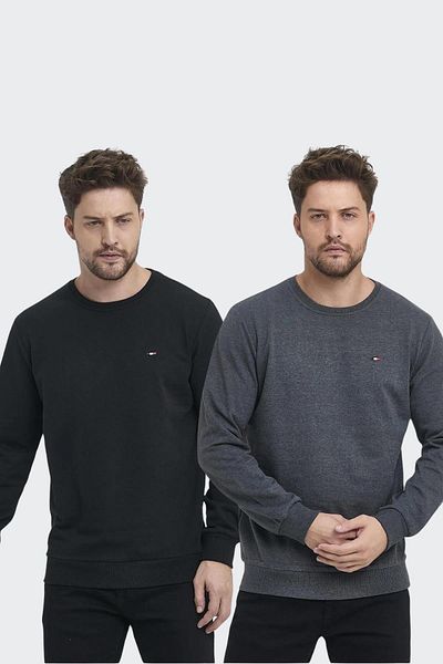 mmetalic Men's Black-Anthracite Crew Neck Embroidery Detailed Regular Fit 2-Piece Sweatshirt