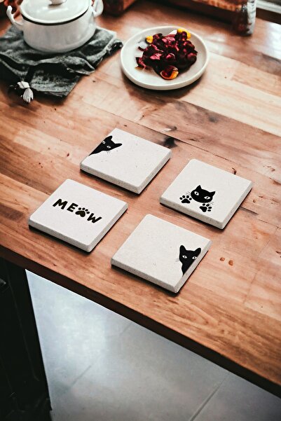 Baumatelier طقم قواعد أكواب من الحجر الطبيعي بتصميم قطة لطيفة مكون من 4 قطع