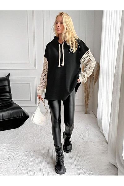 MAMAYAGA Tricotaj cu mâneci pentru femei Oversize Curve Design Hanorac negru