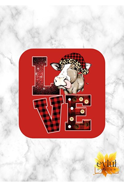 Eylül Design Love Written Cow Printed Special Design Printed MDF A Quality Sq...