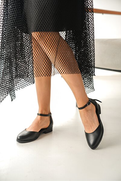 DİVOLYA Tena Black Ankle Strap Daily Use Ballerinas
