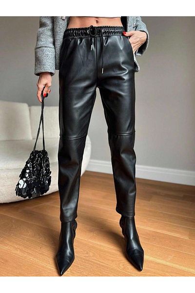 MAMAYAGA Women's Elastic Waist Piece Leather Sports Stylish Design Black Leather Trousers