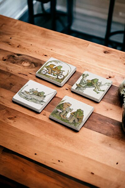 Baumatelier طقم قواعد أكواب من الحجر الطبيعي بتصميم الضفدع والضفدع مكون من 4 قطع